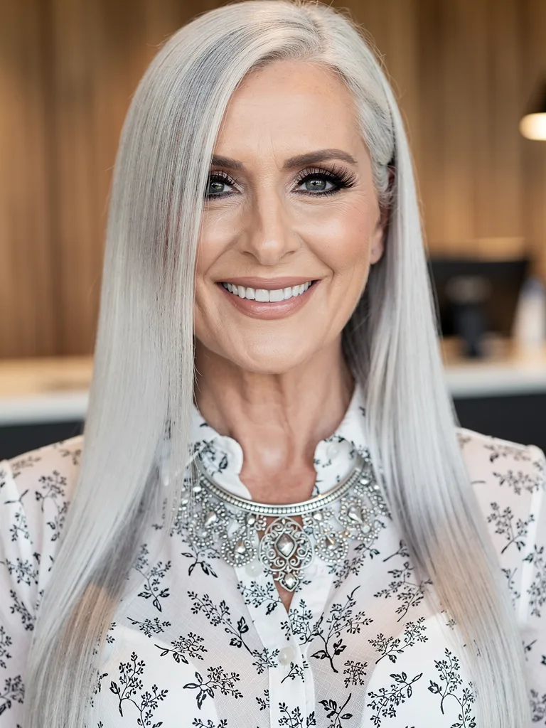 Long Straight Silver Frost Layers with Soft Volume